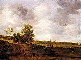 Famous Village Paintings - A rural landscape with peasants and a drover by a track, a village beyond